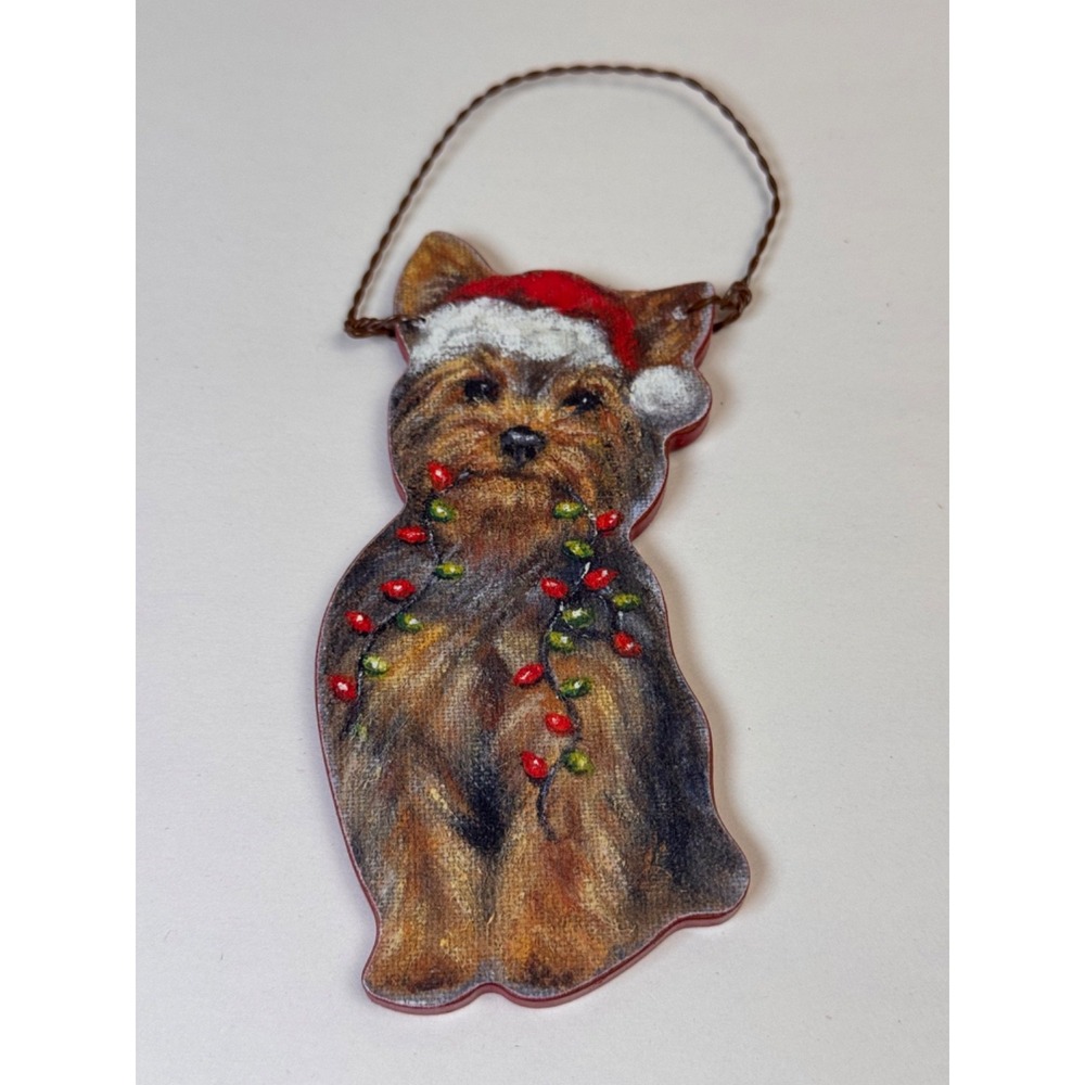 Primitives by Kathy Yorkshire Terrier With Santa Hat and Lights Xmas Ornament